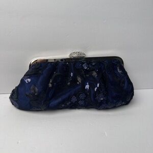 Vintage Blue Black Lace Sequin Oblong Evening Clutch Bag Oval Jewel lock